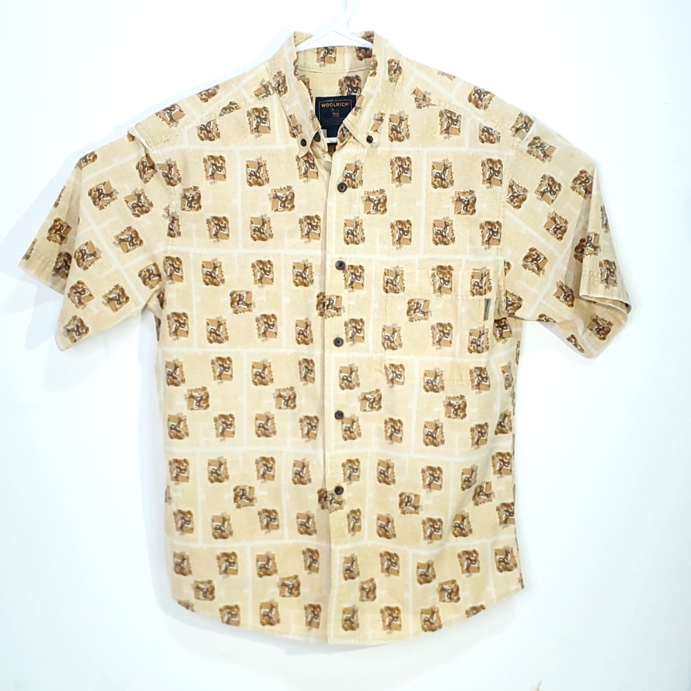Woolrich Men's Med Short Sleeve Button Down Shirt All Over Deer British Tan